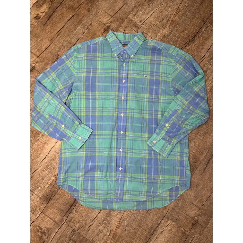 Vineyard Vines Mens Whale Shirt Green Blue Plaid Cotton Button Down Large